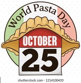 Loose-leaf calendar with reminder date for World Pasta Day inside a pasta shell or conchiglie, a popular type of noodle over round label with Italian colors.