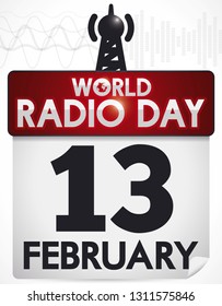 Loose-leaf calendar with reminder date for World Radio Day, decorated with "on air" signal and an antenna, amplifying and transmitting the analog and digital radio signal.