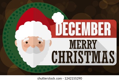 Loose-leaf calendar reminding at you to celebrate Christmas in December, with tender Santa face inside round button in a magic night.