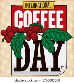 
Loose-leaf calendar reminding at you to celebrate International Coffee Day, decorated with a coffee plant, tape and gunny sack in the background.
