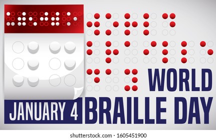Loose-leaf calendar written in braille code and greeting text promoting to celebrate the World Braille Day this 4th January.