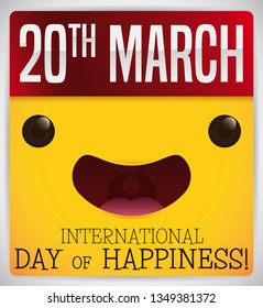 Loose-leaf calendar with yellow, cute and smiling face and the reminder date to celebrate International Day of Happiness: March 20.