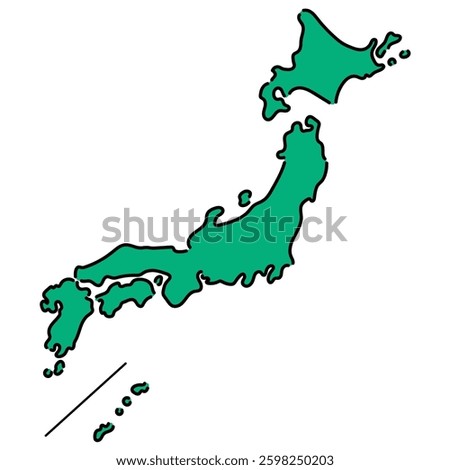 A loosely and ambiguously drawn vector map of Japan, featuring a black outline and green color, perfect for a transparent background.