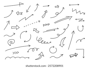 Loosely hand-drawn arrows. Vector illustration set. Various types of arrows. White background.