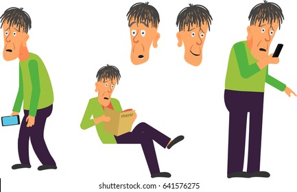 Looser Cartoon Character Rigged For Animation Holding Smartphone Set