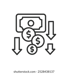 Perde dinheiro, em design de linha. Perda financeira, perda de dinheiro, déficit orçamentário, recessão econômica, problemas de fluxo de caixa no vetor de fundo branco. Perda de dinheiro, em design de linha ícone de traçado editável