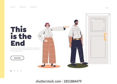 Loosing job concept of landing page with businesswoman pointing finger to door for fired employee. Dismissing worker, unemployment and business failure concept. Cartoon vector illustration