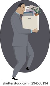 Loosing a job. Man holding a box of his work-related belongings, vector illustration