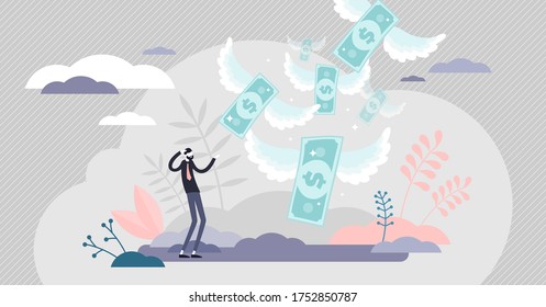 Loosing money vector illustration. Financial loss flat tiny persons concept. Economical crisis effect with business failure and bank credit problems. Wealth spending scene with flying cash banknotes.