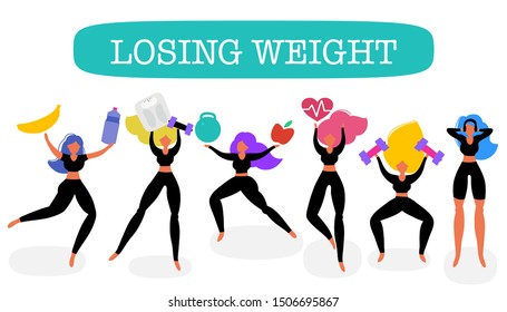 Loosing weight  banner, girls in sport costumes with scales, fruit and vegetables. Concept of healthy eating, loosing weight and keep fit,  sport motivation.