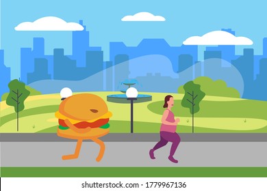 Loosing weight vector concept: fat woman running scared from the big monstrous burger at the city park