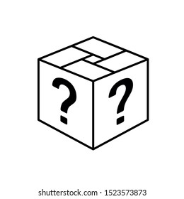 Loot box icon. Square cube outline box with question marks. Surprise gift symbol. 3D wonder chest.