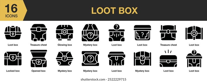 Loot Box solid icon set. Includes loot boxes icons and More. Solid icons vector collection.