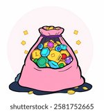 A loot sack icon filled with gems and gold, ideal for representing loot drops, treasure, and rewards in RPG game systems and UI elements.