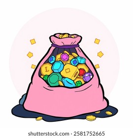 A loot sack icon filled with gems and gold, ideal for representing loot drops, treasure, and rewards in RPG game systems and UI elements.