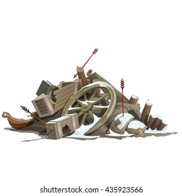 Looted and broken wagon isolated on a white background. Cartoon vector close-up illustration.