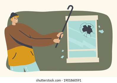 Looter Breaking Store Showcase or House Window with Crowbar, Aggressive Male Character Looting, Damage City or Private Property in Shop. Political Conflict, Violence Riots. Cartoon Vector Illustration