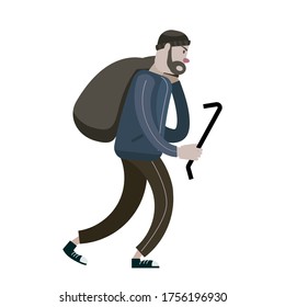 Looter with crowbar and bag. Robber, scrap, criminal character. Vector illustration isolated cartoon flat style