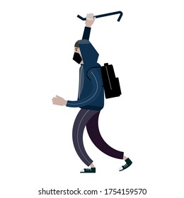 Looter with crowbar. Robber, scrap, criminal character. Vector illustration isolated cartoon flat style