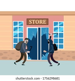 Looters With Crowbar And Bag Make A Store Robbery, Broken Door. Robbers, Scrap, Criminal Characters, Crime Scene. Vector Illustration Isolated Cartoon Flat Style