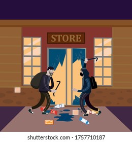 Looters with crowbar and bag make a store robbery, broken door, night. Robbers, scrap, criminal characters, crime scene. Vector illustration isolated cartoon flat style