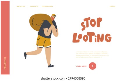 Looting Landing Page Template. Masked Robber Character Run with Stolen Money Sack, Criminal Robbery, Gangster Violence Organized to Steal Money From Financial Institution. Linear Vector Illustration