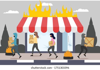 Looting Shops And House Flat Illustration