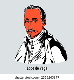 Lope de Vega was a Spanish playwright, poet, translator and novelist, a prominent representative of the Spanish Golden Age. Hand drawn vector illustration