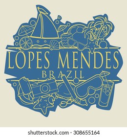 Lopes Mendes, Brazil beach hand drawn sign with text and various summer holiday objects, vector illustration 