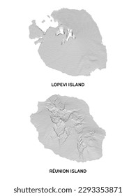 Lopevi and Reunion islands in 3D topography map, vector contour.