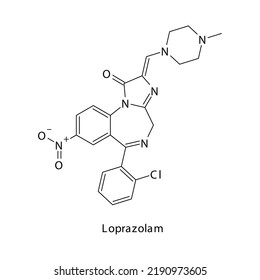 Loprazolam Molecule Flat Skeletal Structure, Benzodiazepine Class Drug Used As Anxiolytic, Anticonvulsant, Sedative, Hypnotic Agent. Vector Illustration On White Background.