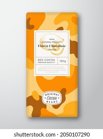 Loquat Chocolate Label. Abstract Shapes Vector Packaging Design Layout with Realistic Shadows. Modern Typography, Hand Drawn Fruit Silhouette and Colorful Camouflage Pattern Background. Isolated.