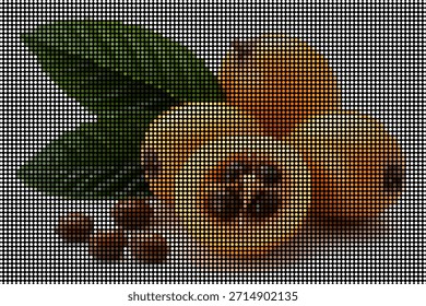 Un racimo de fruta de níspero con una Grande hoja verde se sienta sobre un fondo pixelado blanco, lo que sugiere arte digital o una pantalla retro.
