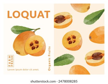 Loquat fruit packaging design templates, watercolour style vector illustration.