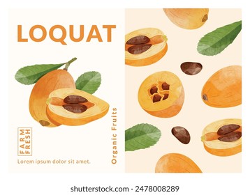 Loquat fruit packaging design templates, watercolour style vector illustration.