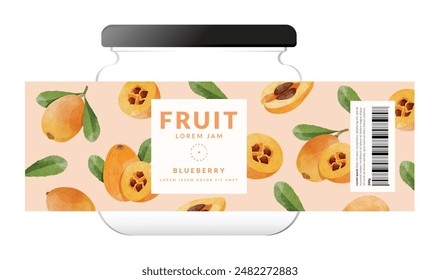 Loquat fruit packaging design templates, watercolour style vector illustration.