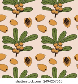 Loquat plant hand drawn seamless pattern. Repeating background of Eriobotrya japonica fruits, leaves, branch. Vector backdrop for textile, wrapping, paper, logo, label, print, paper, card