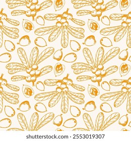 Loquat plant hand drawn seamless pattern. Repeating background of Eriobotrya japonica fruits, leaves, branch. Vector backdrop for textile, wrapping, paper, logo, label, print, paper, card