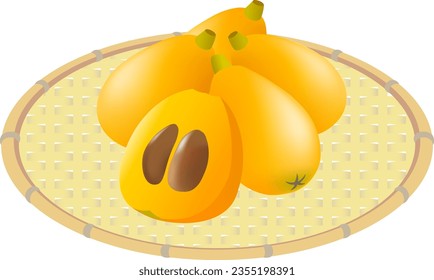 The loquats on a bamboo colander isolated on white background