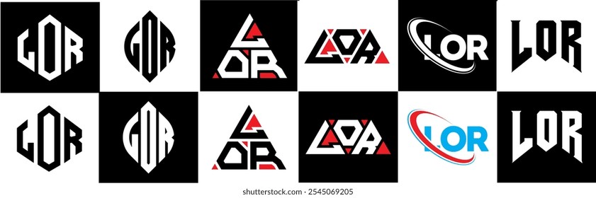 Logo-Design mit LOR-Buchstaben im Sechs-Stil. LOR Polygon, Kreis, Dreieck, Sechseck, flach und einfach mit schwarz-weißem Farbvariationsbuchstaben Logo in einem Zeichenbrett gesetzt. LOR minimalistisches und klassisches Logo