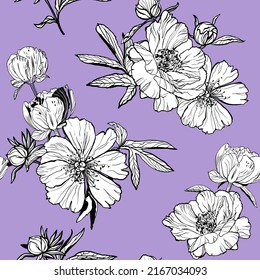 loral seamless pattern with peonies, buds, leaves vector hand drawn graphic print for textile, fabric, wallpaper, perfume packaging.