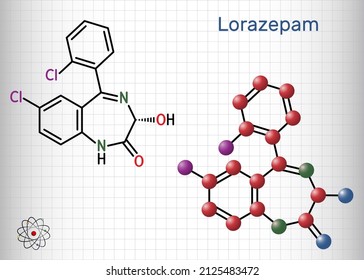 Lorazepam molecule. It is benzodiazepine with sedative, anxiolytic properties. Structural chemical formula, molecule model. Sheet of paper in a cage. Vector illustration