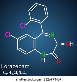Lorazepam molecule. It is benzodiazepine with sedative, anxiolytic properties, used to treat panic disorders, severe anxiety, seizures. Structural formula, dark blue background. Vector illustration