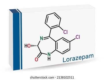 Lorazepam molecule. It is benzodiazepine with sedative, anxiolytic properties, used to treat panic disorders, severe anxiety, seizures. Skeletal chemical formula. Paper packaging for drugs. Vector 
