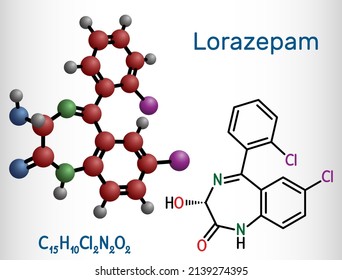 Lorazepam molecule. It is benzodiazepine with sedative, anxiolytic properties. Structural chemical formula, molecule model. Vector illustration