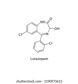 Lorazepam molecule flat skeletal structure, Benzodiazepine class drug used as Sedative, hypnotic agent. Vector illustration on white background.