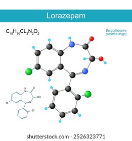 lorazepam molecule. molecular chemical structural formula and model of benzodiazepine medication for treat anxiety and trouble sleeping. Vector illustration