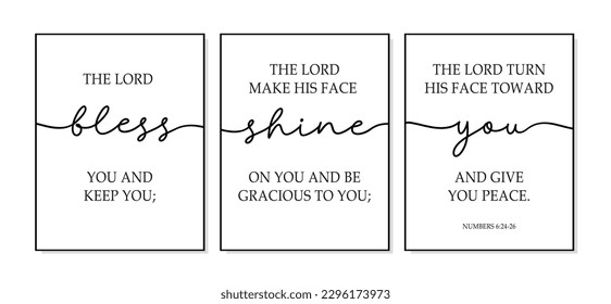 The Lord bless you and keep you the Lord make His face shine on you and give you peace. Bible verse numbers 6 24-26, christian wall bedroom decor. Scripture wall print poster. Set of 3 print posters.