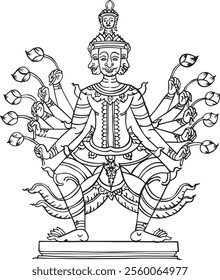 Lord Brahma, Ancient Thai style vector line drawing, Antique style illustration, Retro style, On white background