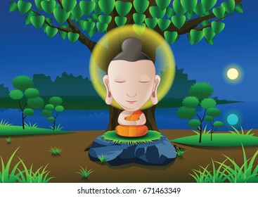 lord of Buddha become enlightened under tree on Full moon night near river in India in cartoon version,vector illustration